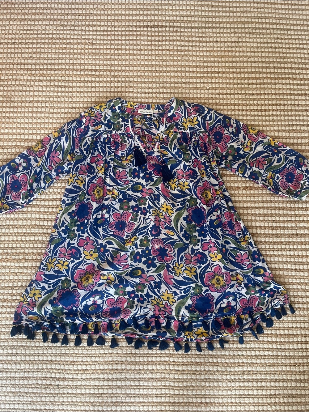 Roller Rabbit Serafina Breezy Floral Tunic Coverup Top Blue Tassels